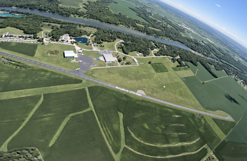 Skydive Chicago Airport, aerial view of property and facilities